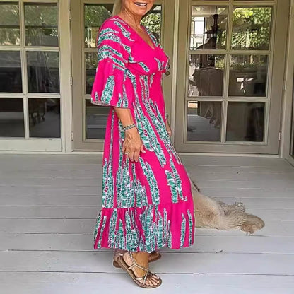 lusailstore - V-neck tie-dye print dress