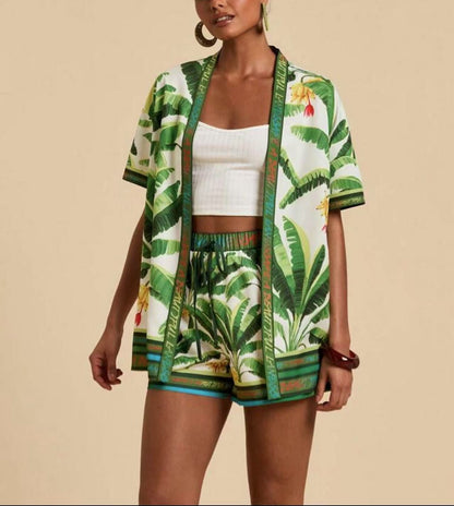 lusailstore - summer new fashion casual printed cardigan shorts sets