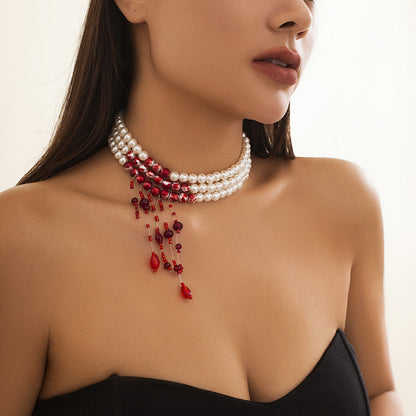 lusailstore - Red Blood Pattern Pearl Tassel Necklace