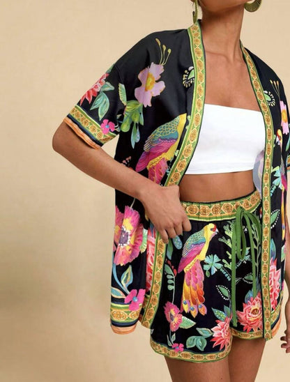lusailstore - summer new fashion casual printed cardigan shorts sets