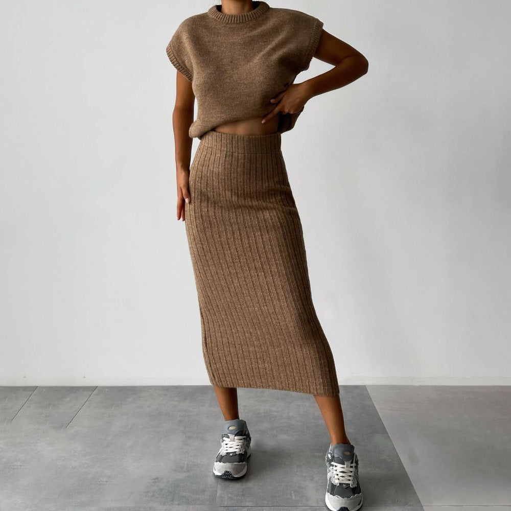 lusailstore - Knit Short Sleeve Sweater and Stretch Ribbed Midi Skirt Set