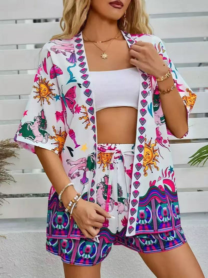 lusailstore - summer new fashion casual printed cardigan shorts sets