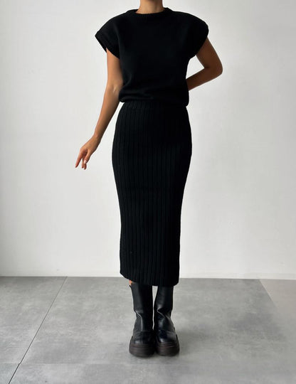 lusailstore - Knit Short Sleeve Sweater and Stretch Ribbed Midi Skirt Set