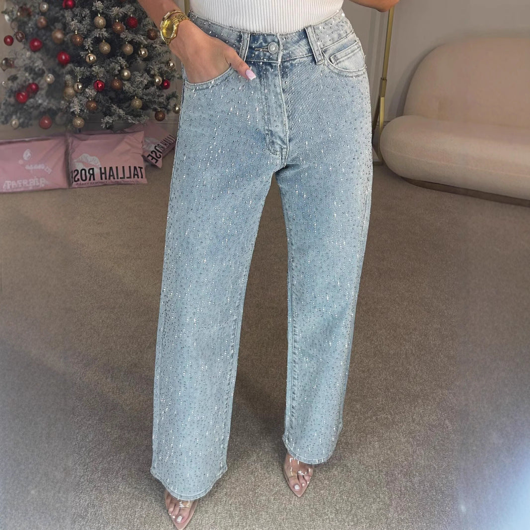 lusailstore - Sparkling Rhinestone Straight Leg Jeans