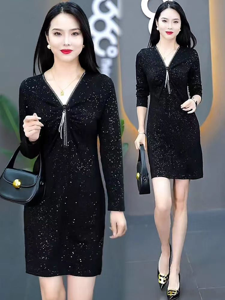 lusailstore - Glitter Slim Fit Half Zipper Dress