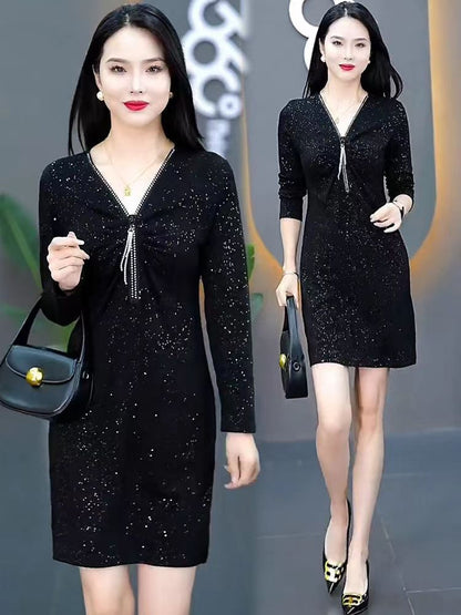 lusailstore - Glitter Slim Fit Half Zipper Dress