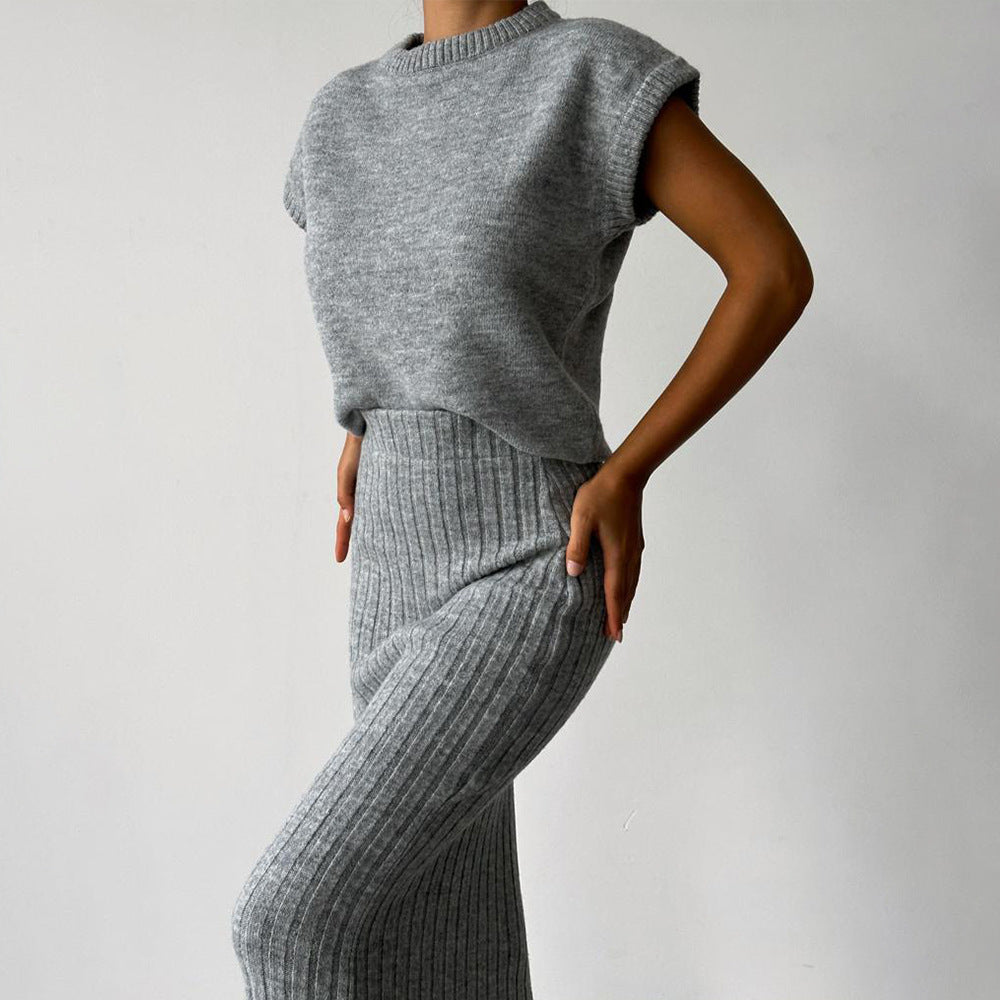 lusailstore - Knit Short Sleeve Sweater and Stretch Ribbed Midi Skirt Set