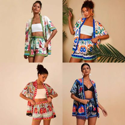 lusailstore - summer new fashion casual printed cardigan shorts sets