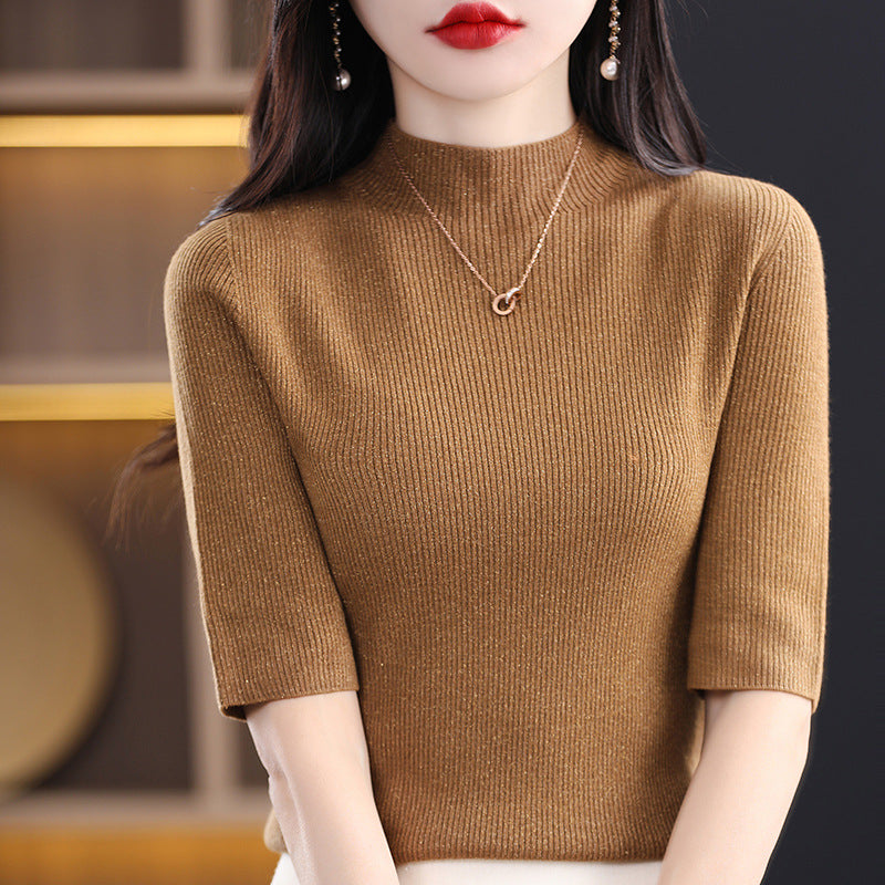 lusailstore-Women’s Half Sleeve Mock Turtleneck Sweater