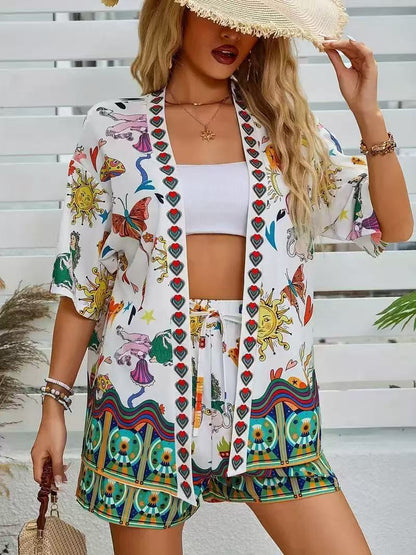 lusailstore - summer new fashion casual printed cardigan shorts sets