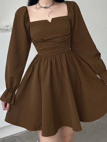 lusailstore-Brown Square Neck Long-Sleeve Pleated Dress