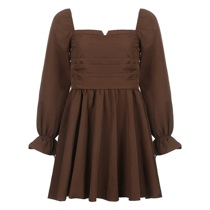 lusailstore-Brown Square Neck Long-Sleeve Pleated Dress