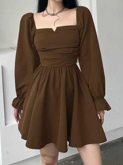 lusailstore-Brown Square Neck Long-Sleeve Pleated Dress