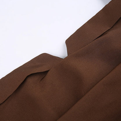 lusailstore-Brown Square Neck Long-Sleeve Pleated Dress