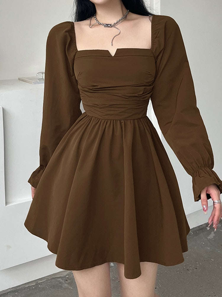 lusailstore-Brown Square Neck Long-Sleeve Pleated Dress