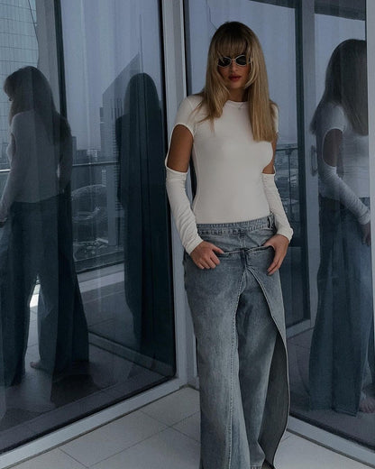 lusailstore - Fake two-piece high-end hot girl denim skirt