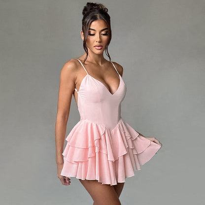 lusailstore - Spaghetti Strap Ruffle Sexy Mini Dress