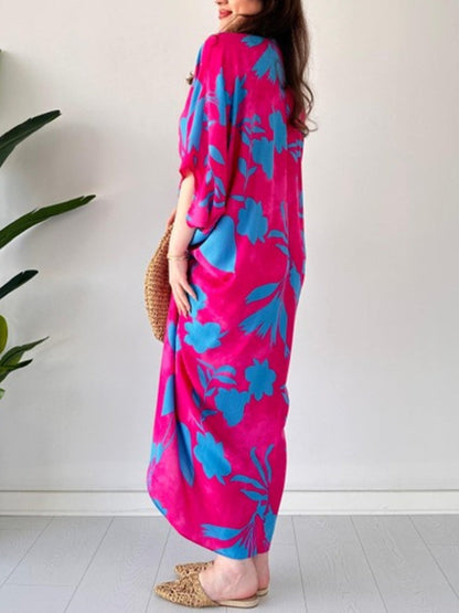 lusailstore - Fashion Printed Bat Sleeve V-Neck Dress