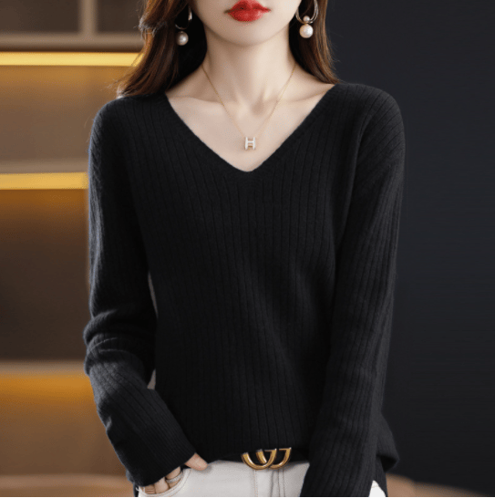 lusailstore- V-Neck Pullover Long Sleeve Solid Color Cashmere Sweater