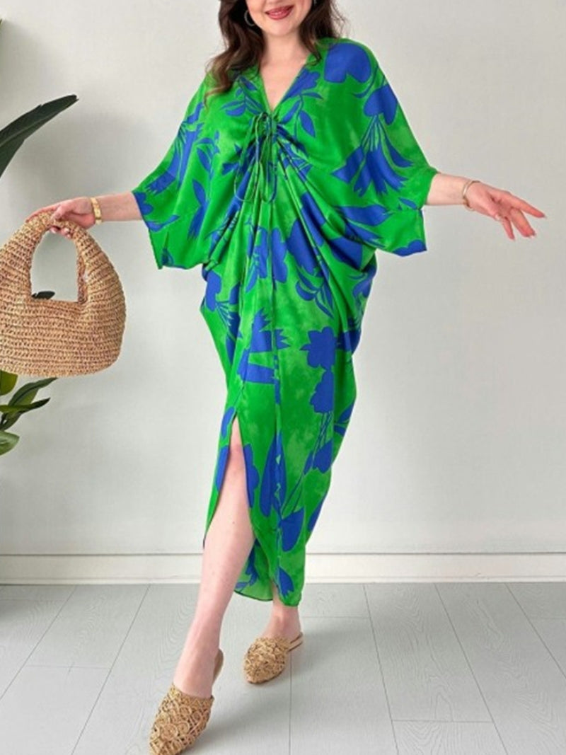 lusailstore - Fashion Printed Bat Sleeve V-Neck Dress