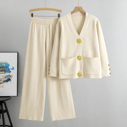 lusailstore - metal button wool sweater wide-leg pants suits