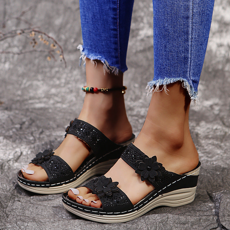 lusailstore - Retro Casual Flower Wedge Sandals Slippes