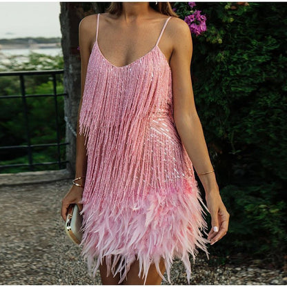 lusailstore - Women's Feather Fringe Sequin Spaghetti Strap Dress