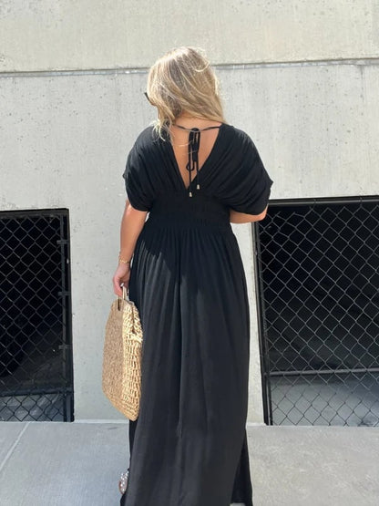 lusailstore - Slit V-neck casual long dress