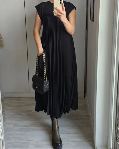 lusailstore - Women Pleated Simple Solid Color Dress