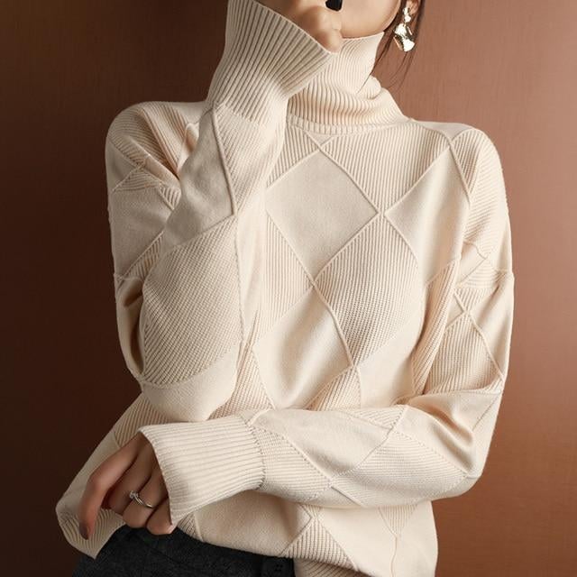 lusailstore - Loose Cashmere Turtleneck Sweater Cardigan