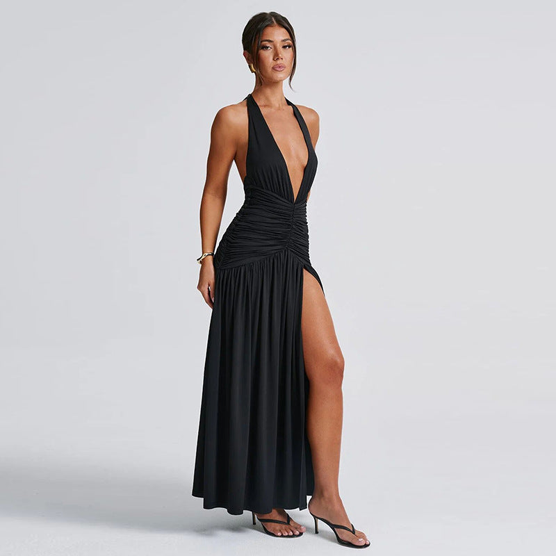 lusailstore - Halter neck V-neck open back pleated slit high waist midi dress