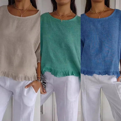 lusailstore - round neck ruffled hem mid sleeve cotton and linen top