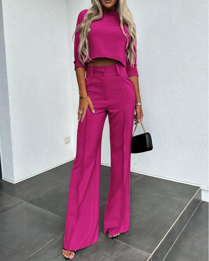 lusailstore- Fashionable solid color high waisted straight pants suit