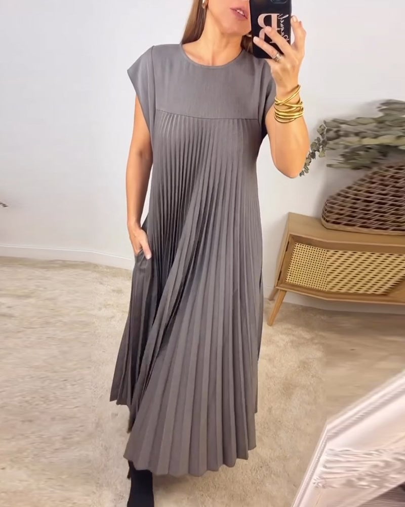 lusailstore - Women Pleated Simple Solid Color Dress