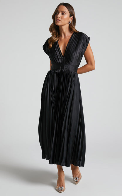 lusailstore - Draped V-Neck Pleated Skirt Dress