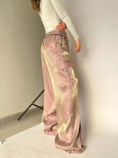 lusailstore - Golden Years Glitter Fabric Drawstring Waist Pocketed Wide Leg Pants