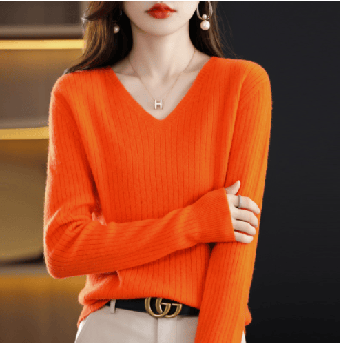 lusailstore- V-Neck Pullover Long Sleeve Solid Color Cashmere Sweater