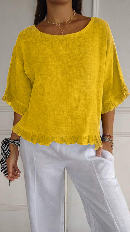 lusailstore - round neck ruffled hem mid sleeve cotton and linen top