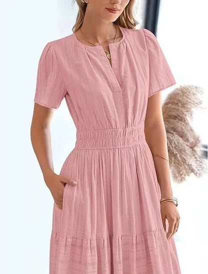 lusailstore - v-neck pleated puff sleeve dress black