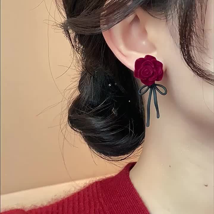 lusailstore - Red flocked rose black bow earrings