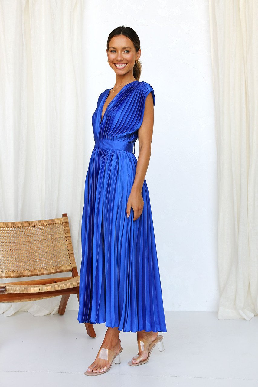 lusailstore - Draped V-Neck Pleated Skirt Dress