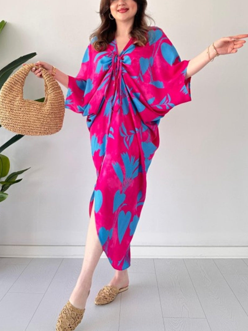 lusailstore - Fashion Printed Bat Sleeve V-Neck Dress