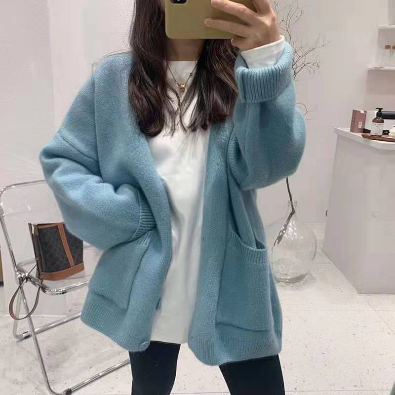 lusailstore - Lazy-style Solid-color Knitted Cardigan