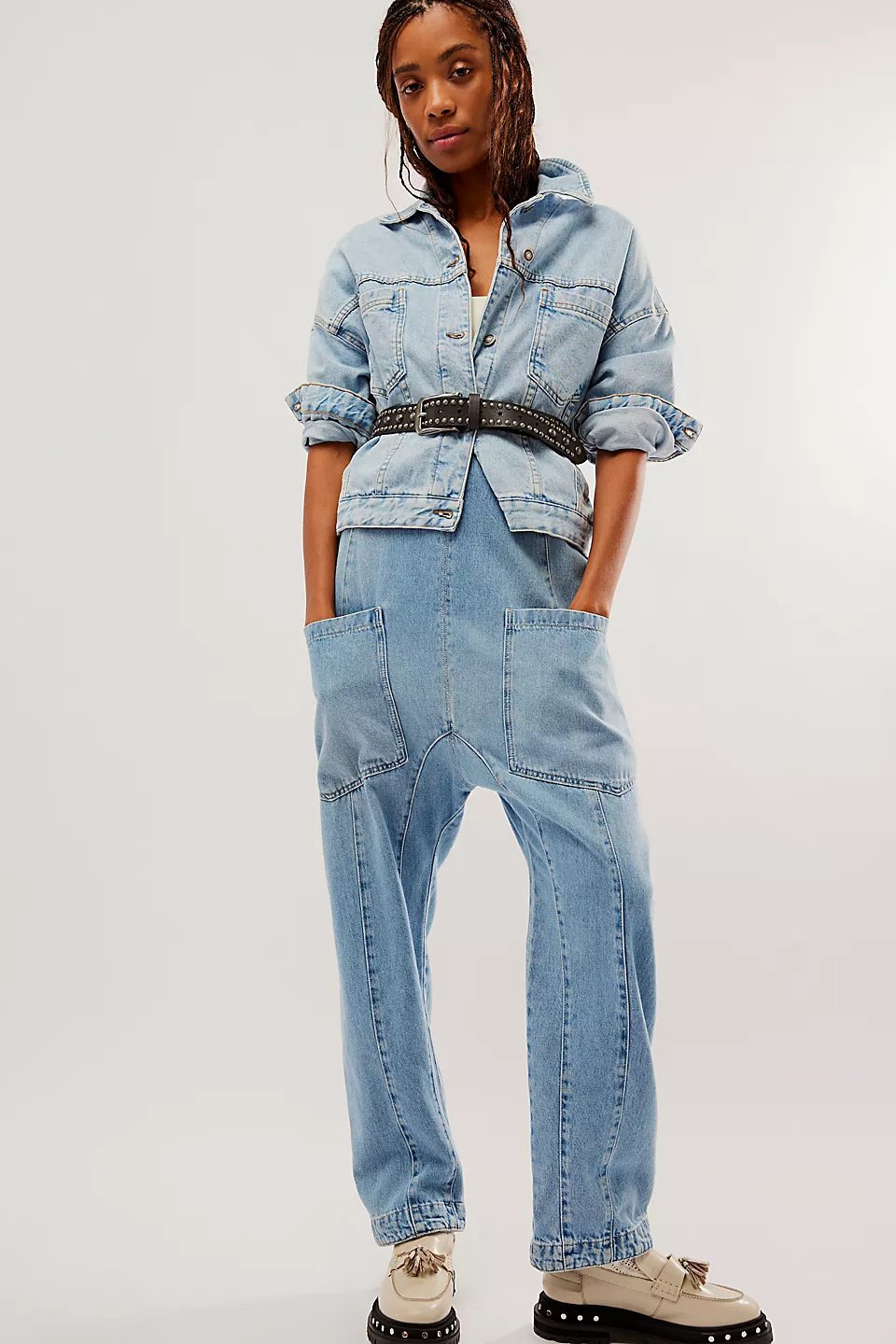 lusailstore- Denim Jumpsuit With Pockets