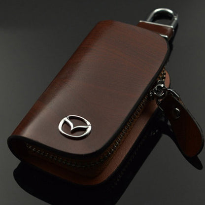 lusailstore - car logo leather wood grain car key case