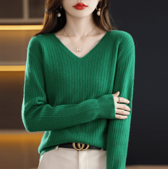 lusailstore- V-Neck Pullover Long Sleeve Solid Color Cashmere Sweater