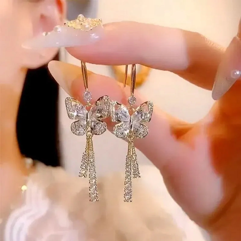 lusailstore-Crystal Butterfly Tassel Earrings