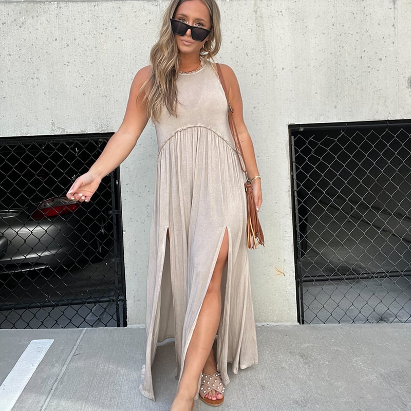 lusailstore- Slit Casual Simple Loose Maxi Long Dress