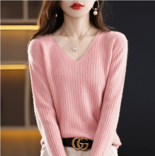 lusailstore- V-Neck Pullover Long Sleeve Solid Color Cashmere Sweater