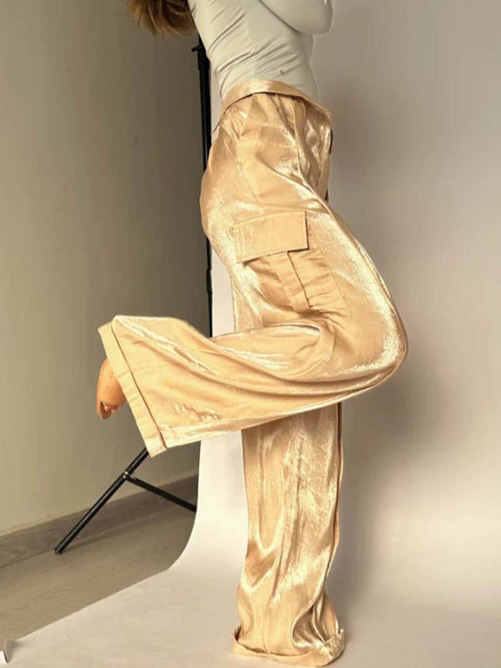 lusailstore - Golden Years Glitter Fabric Drawstring Waist Pocketed Wide Leg Pants